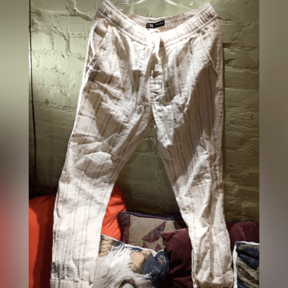ZARA Cream linen Stripe Drawstring Pants